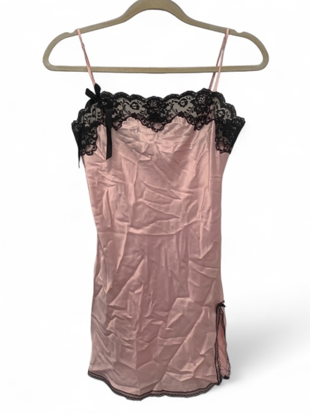 Y2K Victoria’s Secret Pink Satin Slip Mini Dress with Bow and Black Lace Trim